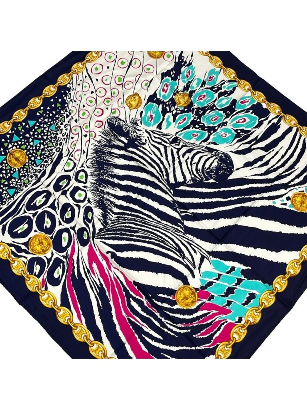 Celine Scarf Navy White Gold Chain Zebra Pattern